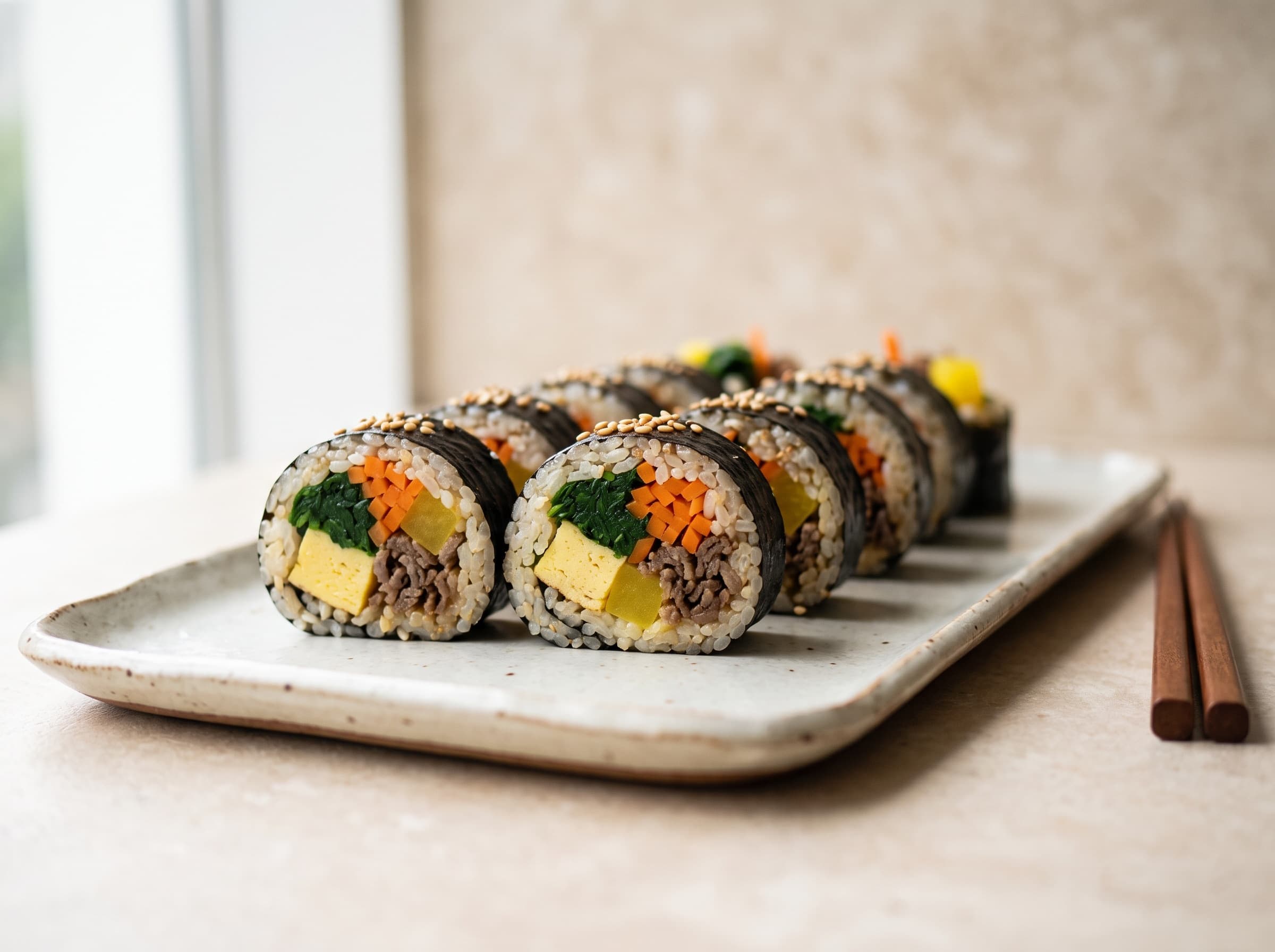아이보리 도자기 트레이에 한 줄로 놓인 고르게 썬 김밥 클로즈업, 부드러운 자연광, 미니멀한 연출