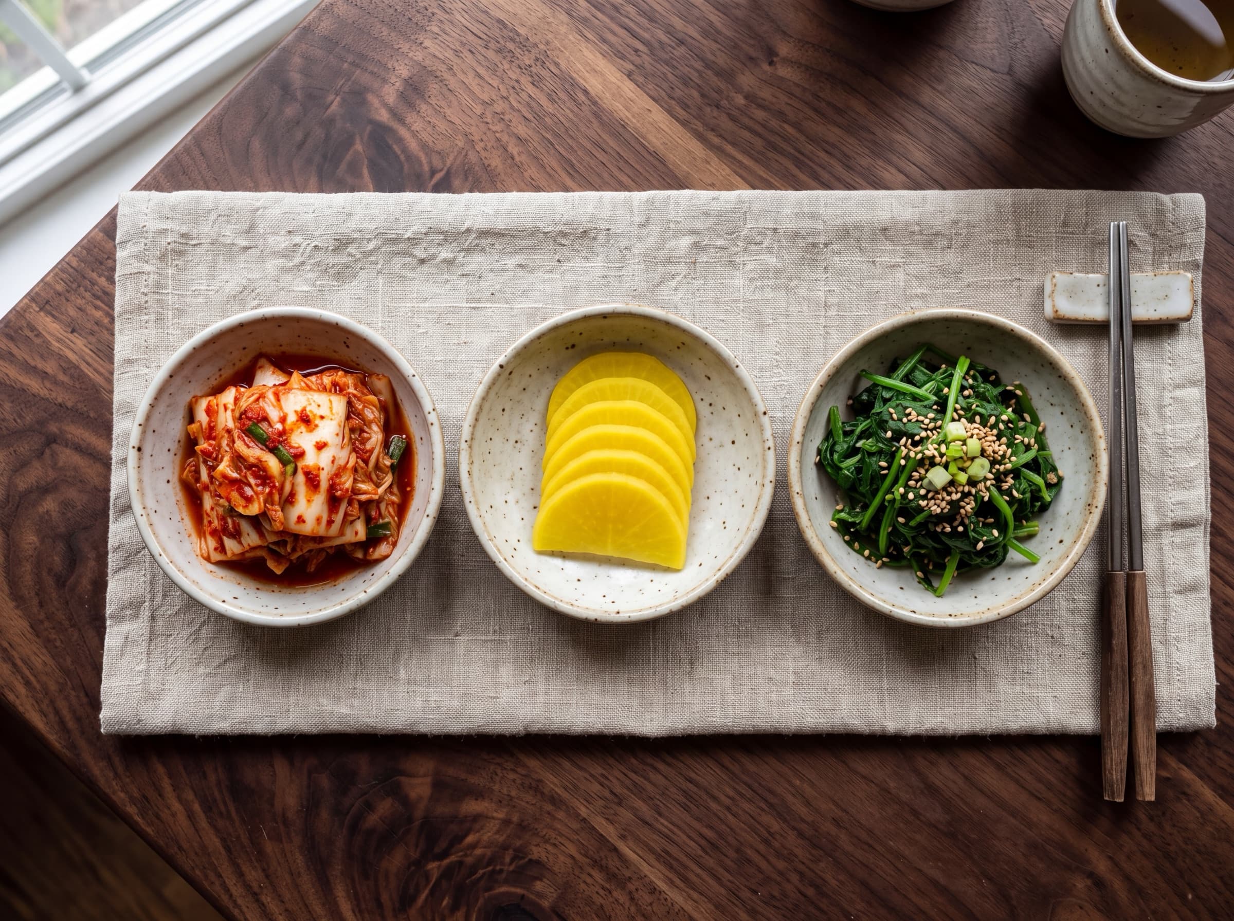 Three small banchan dishes on linen