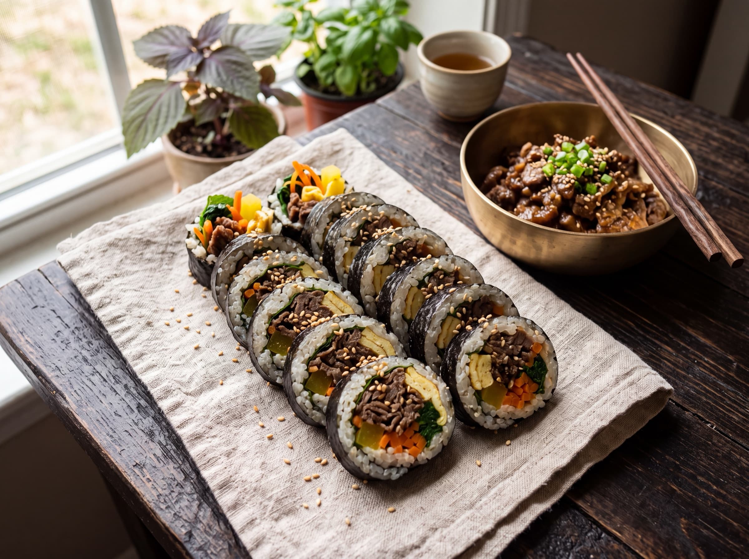 리넨 냅킨 위에 부채꼴로 놓인 불고기 김밥, 자연광 사진