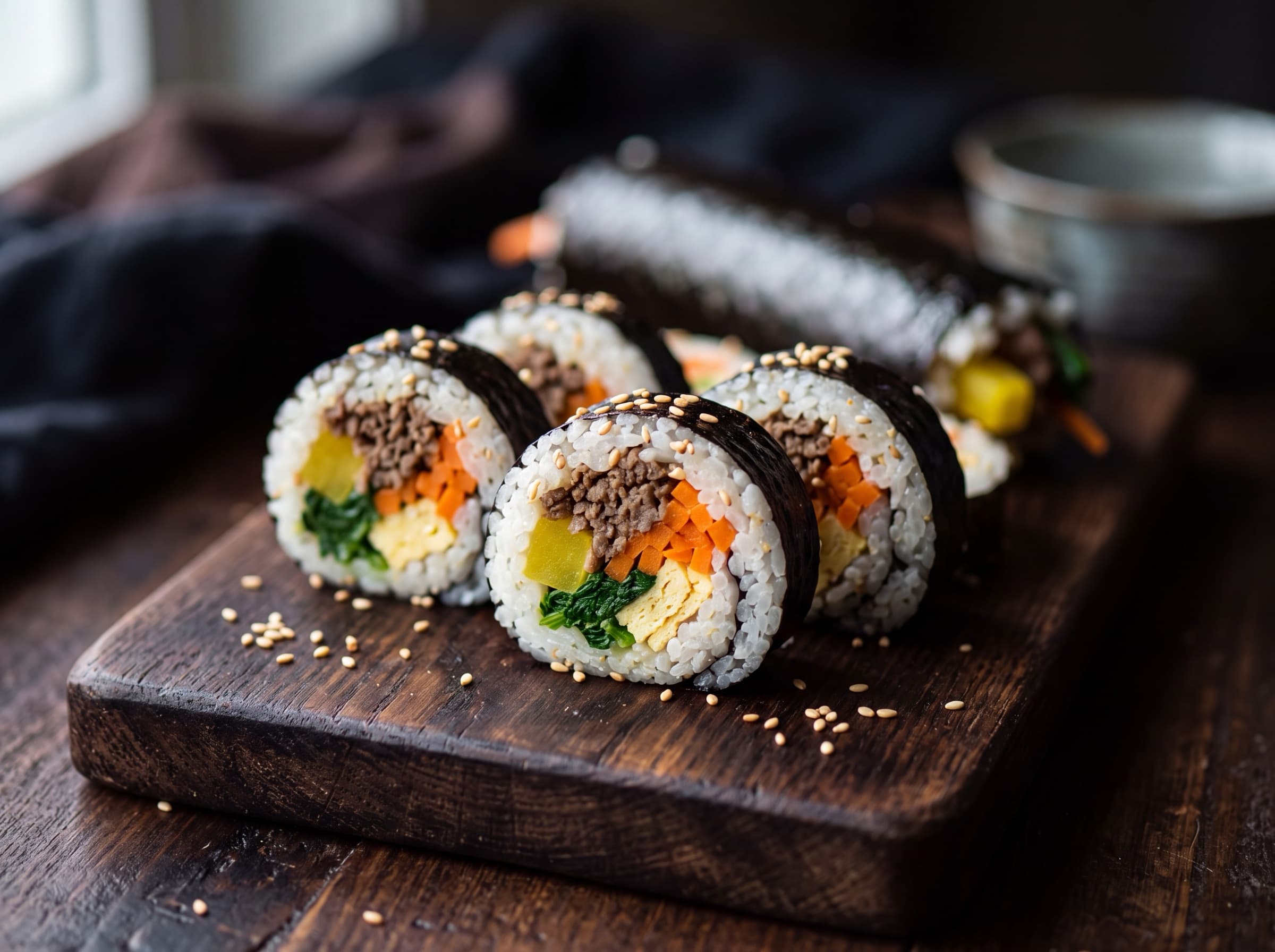 Close-up of cut Classic kimbap, cross-section showing egg and spinach