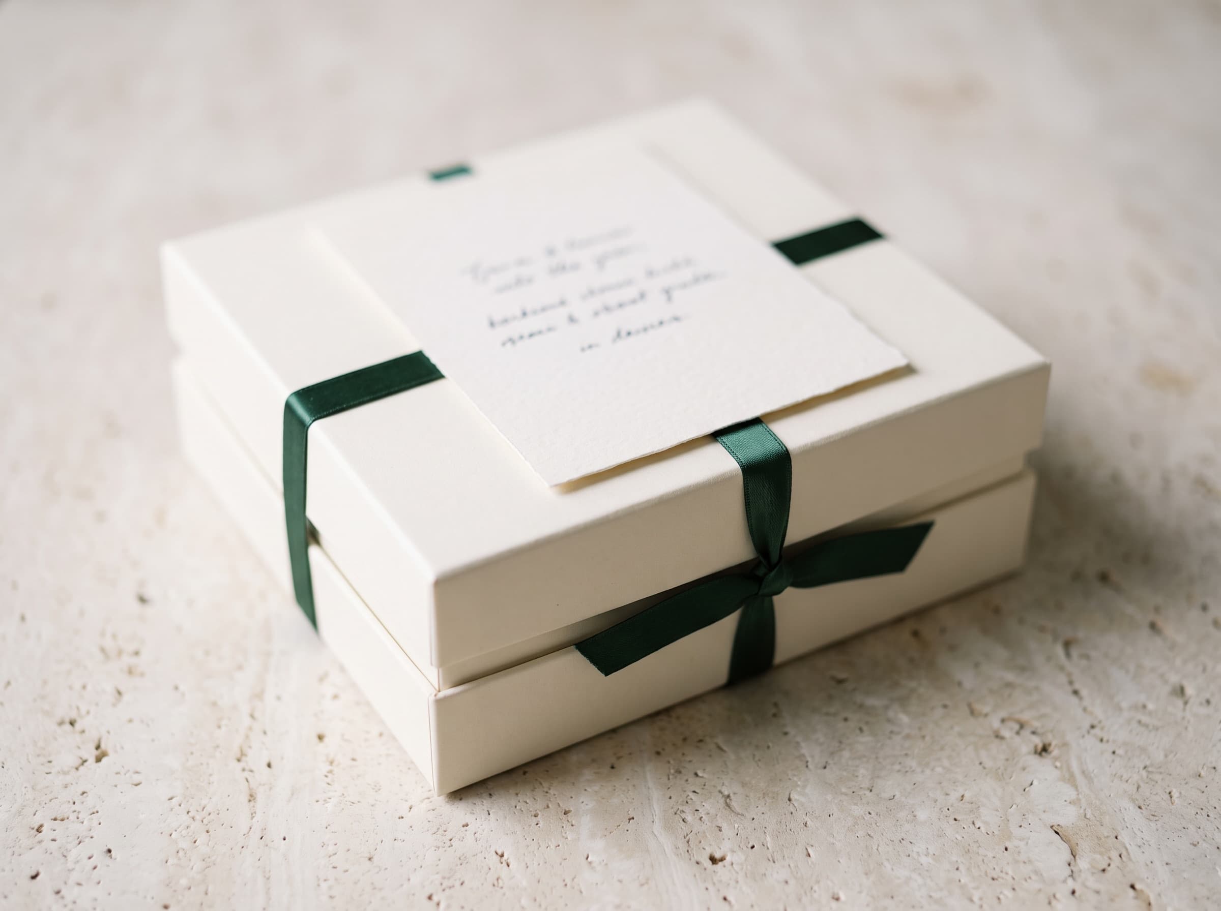 Small ivory card with handwriting resting on the lid of a tiered box, pale stone surface