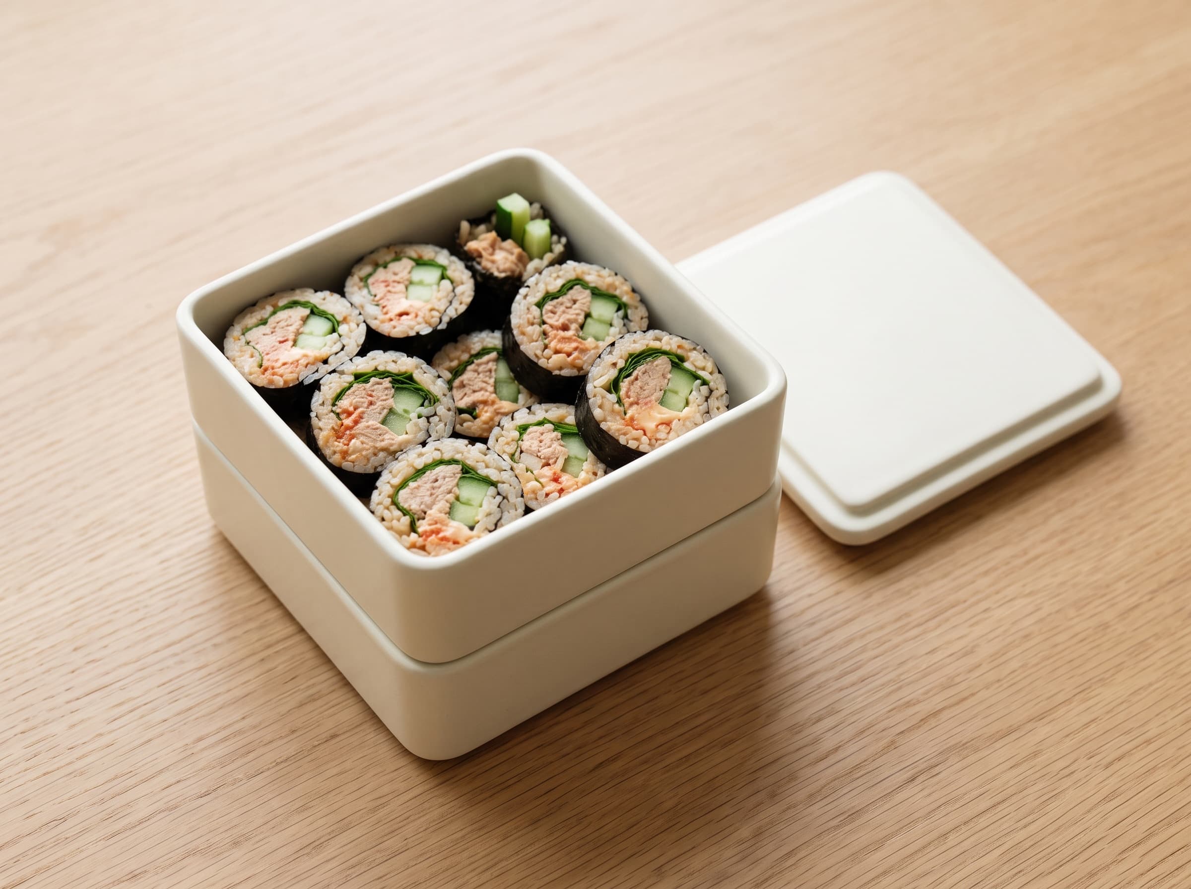 밝은 오크 위 뚜껑을 연 찬합 속 매운 참치 김밥, 깻잎이 보이는 사진