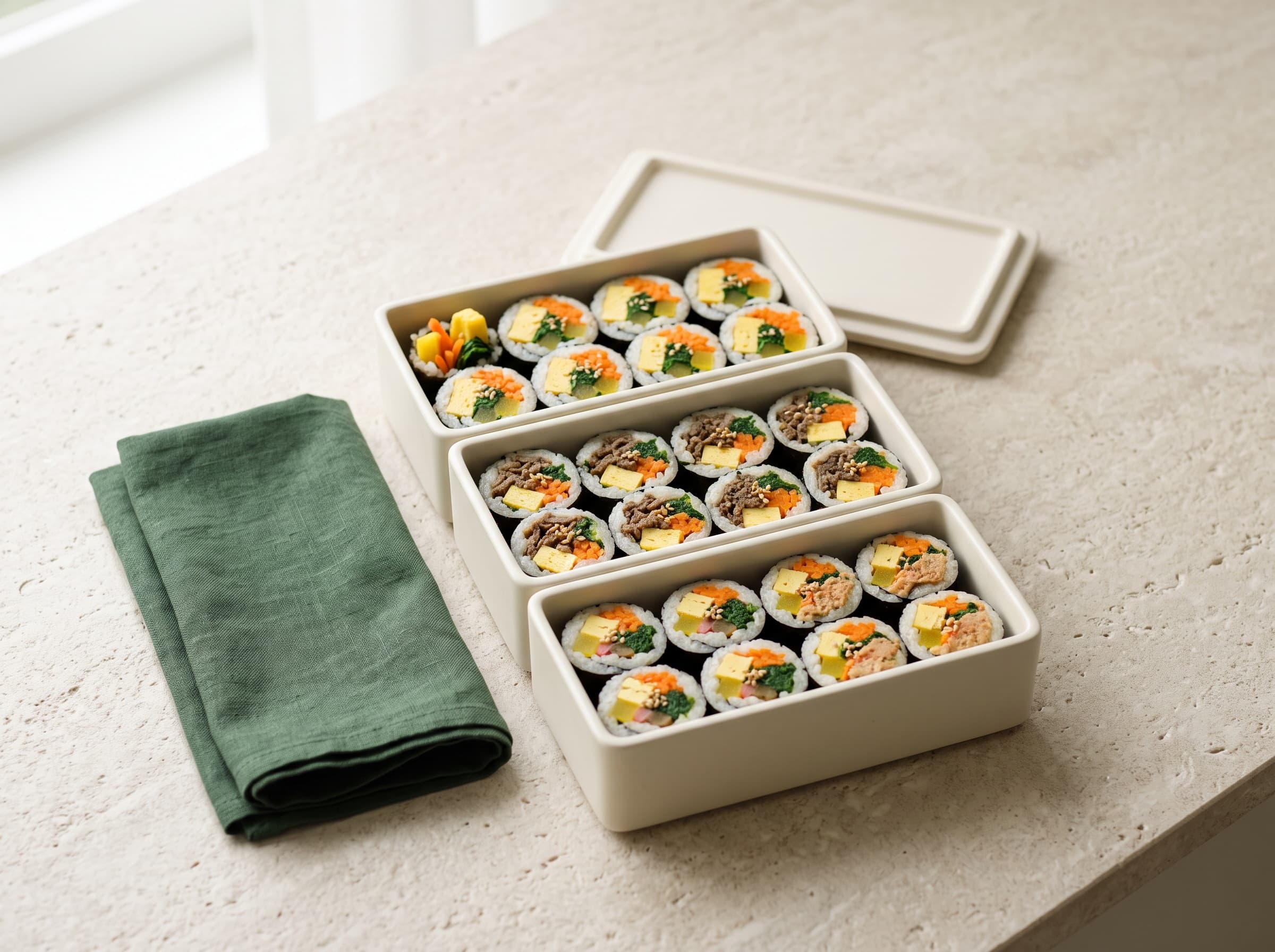 밝은 돌 위에 열어 놓은 아이보리 찬합, 종류별로 줄지어 담긴 김밥, 옆에 접힌 초록 리넨 냅킨