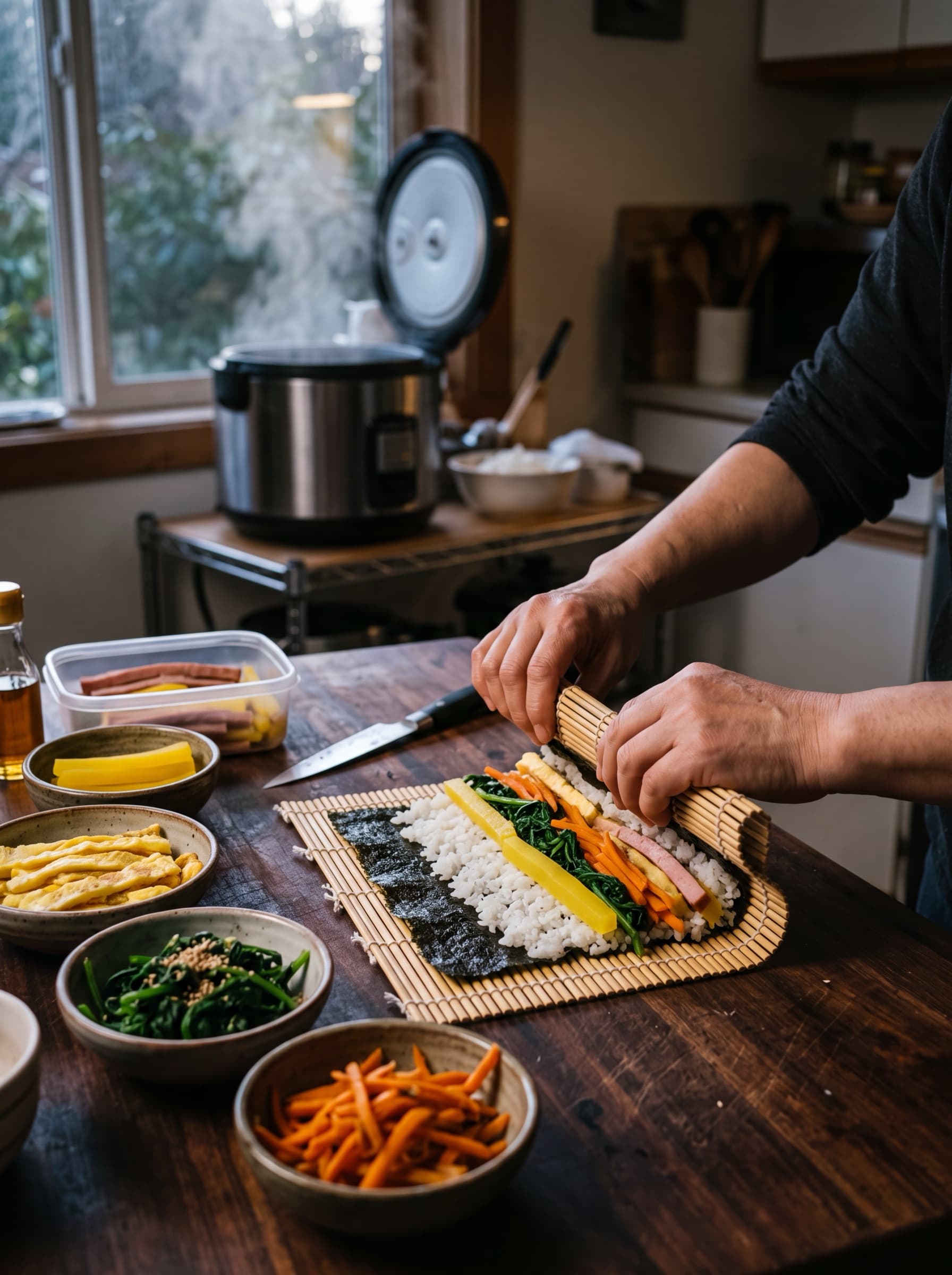 대나무 발 위에서 김밥을 마는 손, 이른 아침 빛, 어두운 나무 조리대